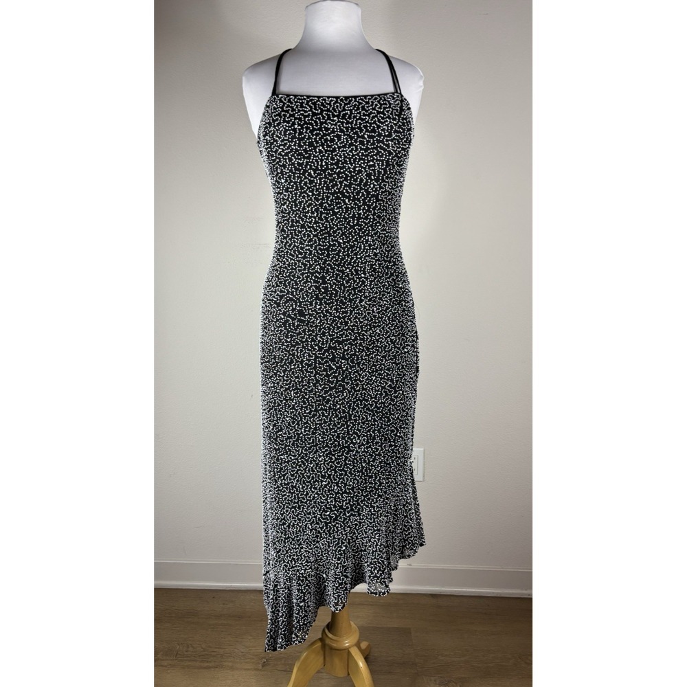 Mark & john Gopal Beaded Black White Silk Open Back Asymmetrical Hem Dress Sz M